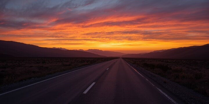 Endless Road at Sunset with Vibrant Orange and Purple Sky