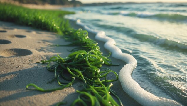Ocean waves crashing onto the shore under a clear blue sky.