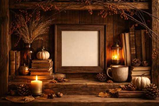 Cozy Autumn Display with Empty Frame Books and Candlelight on Wooden Shelf