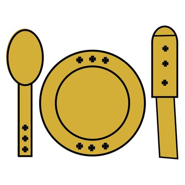 Golden Dinner Plate with Spoon and Knife Icon Isolated on White Background