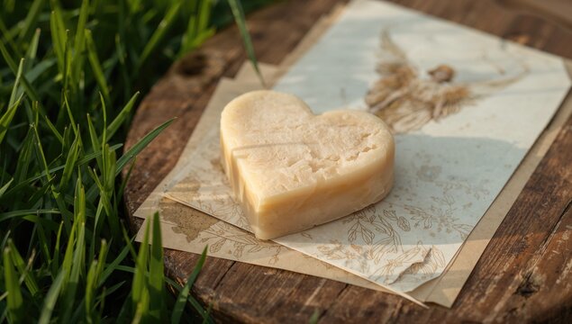 Heart Shaped Soap on Vintage Paper Sitting on Wooden Surface with Green Grass