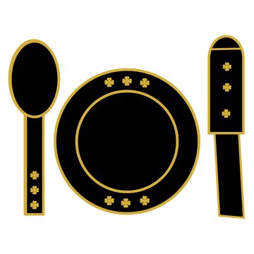 Luxury Black and Gold Dinner Plate with Spoon and Knife Icon Isolated on White Background