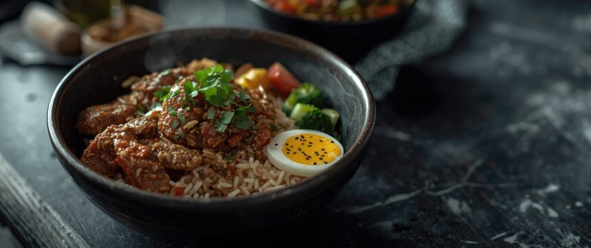 Delicious Chicken Curry Bowl with Rice and Vegetables in Warm Lighting