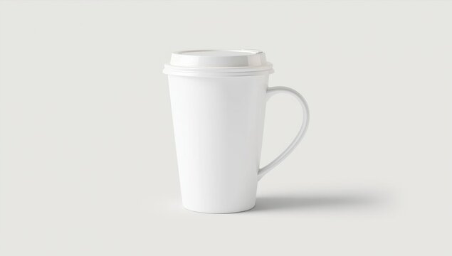White ceramic coffee mug with a lid on a plain background