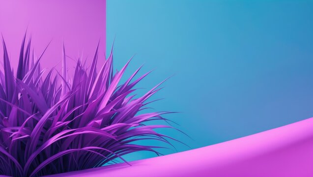 Pandanus palm leaves illuminated with fluorescent neon light isolated on background with copy space text area, wide composition.