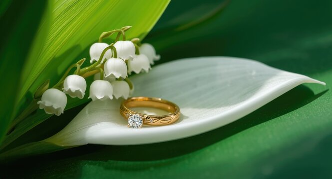 Gold Ring with Diamond Nestled on a Leaf with Lily of the Valley Flowers