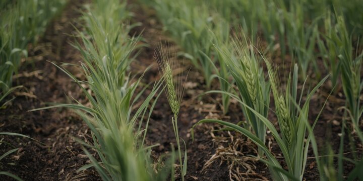 Green Wheat Plants Growing in a Field with Rich Soil Texture