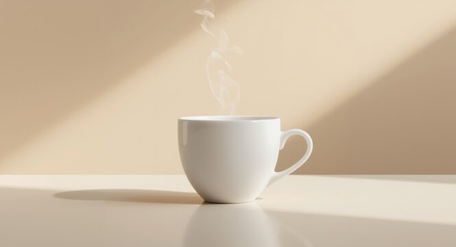 Steaming White Coffee Cup on Clean Surface with Soft Natural Light
