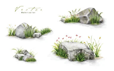 Collection of Hand-Painted Watercolor Stone Piles with Grass Growing Among Them © Artnizu