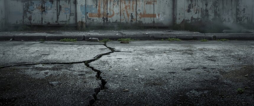 Cracked Concrete Sidewalk Overgrown with Grass Under Gloomy Sky