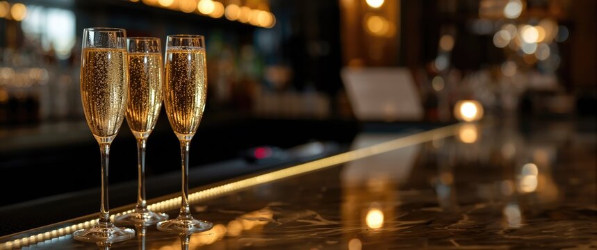 Champagne Flutes Filled with Bubbly on a Bar Counter in Soft Warm Lighting