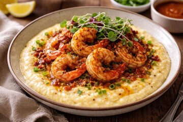 Fototapeta premium Shrimp and Grits Dish Garnished with Fresh Herbs in a Rustic Bowl
