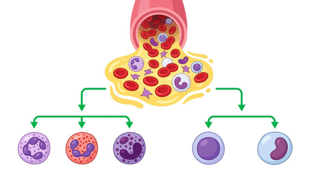 Medical Blood Cell Classification diagram showing blood vessel, plasma, erythrocytes, and leukocyte differentiation ideal for educational biology materials.