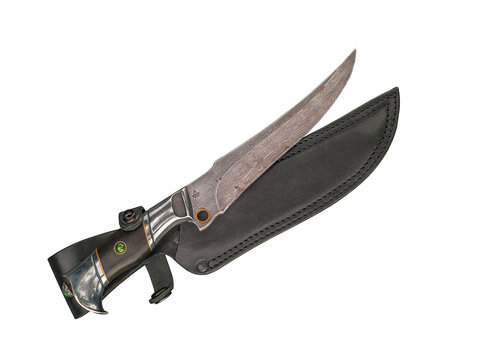 Old iron engraved dagger with his black leather scabbard isolated on white background