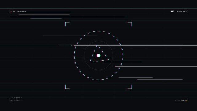 Camera recording screen interface with HUD target reticle and active digital glitch distortion effects