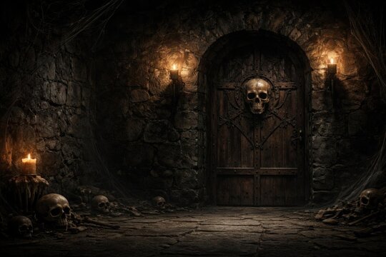 Mysterious Stone Dungeon Entrance with Skull Decor and Flickering Candlelight