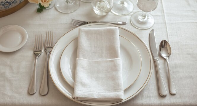 Elegant Table Setting with White Linen Napkin on Plates and Glassware