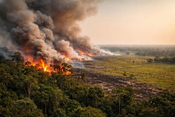 Fototapeta premium Wildfire Burning Through Rainforest with Thick Smoke and Charred Landscape