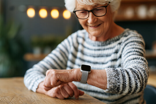 Elder senior old woman checking her smartwach, health data and medical monitoring tracking feature with modern technology for elderly people