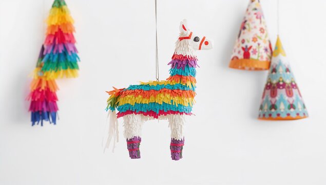 Colorful Llama Pinata Hanging with Decorative Party Hats in Bright Settings