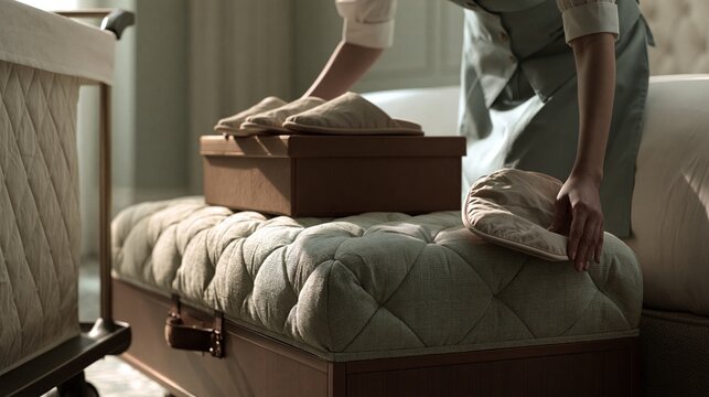 Hotel Room Attendant Placing Slipper Sleeve on Luggage Bench