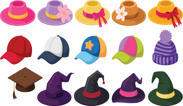 Set of colorful cartoon hats caps and headwear vector illustrations isolated on white background