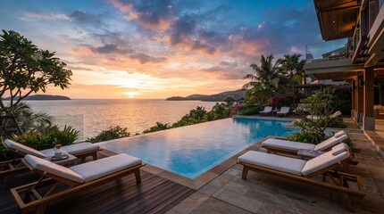 Fototapeta premium Luxury infinity swimming pool overlooking a tropical ocean at sunset with crystal-clear water, elegant modern architecture, and warm golden hour lighting.