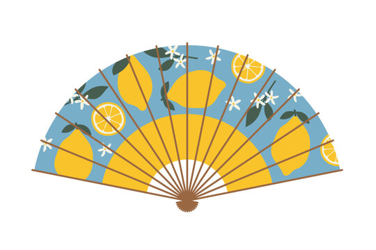 decorative hand folding fan with lemon pattern, design for beauty, fashion, culture, web, app, and graphic design- vector illustration
