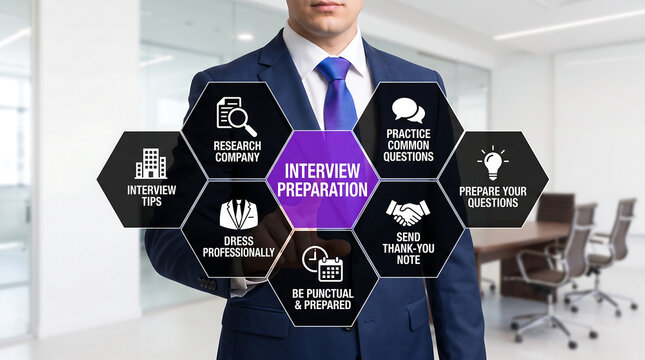 Businessman holding interview preparation infographic, career development concept, job search, professional growth