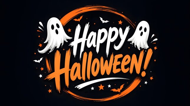 Happy halloween greeting card with ghosts and bats