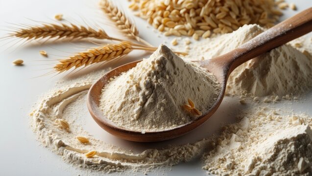 Spelt bran pile and wheat ears displayed with a wooden spoon isolated on a white background