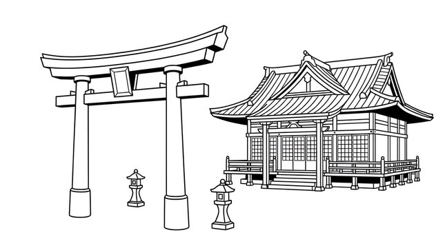 Japanese Torii Gate and Temple Building Line Art