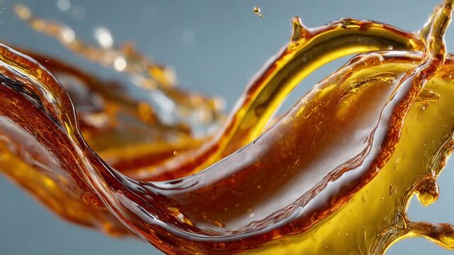 Viscous golden liquid splashing in a graceful wave with droplets against a grey background