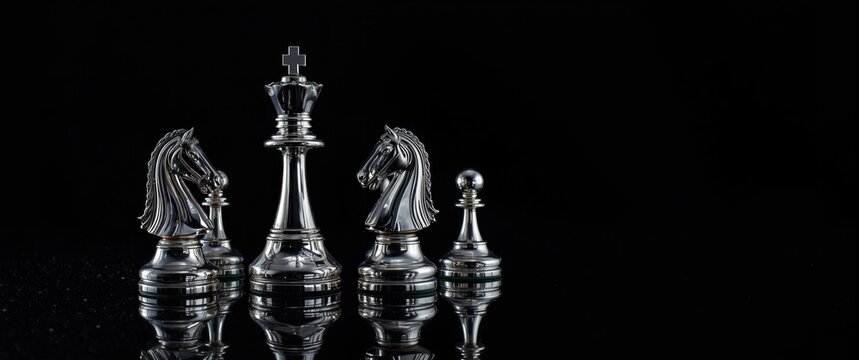Silver Chess Pieces Set on Black Background with Reflective Surface