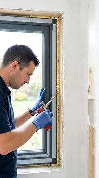 Man applying expanding spray foam around a window frame. Professional contractor sealing gaps for thermal insulation. Home renovation and installation