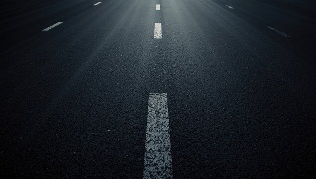 Closeup of Empty Asphalt Road with Painted Lane Markings and Dim Light