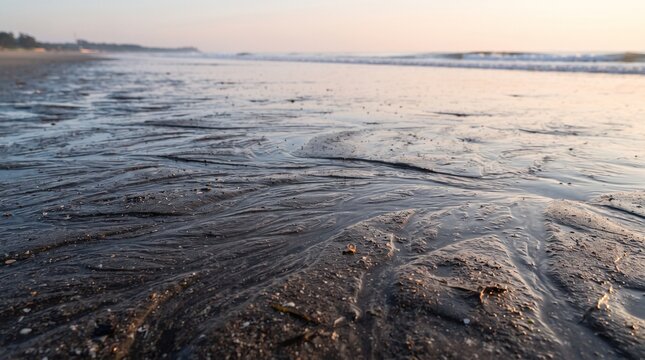 Close-up of Natural Wave Patterns on Wet Sand at Cox's Bazar Beach