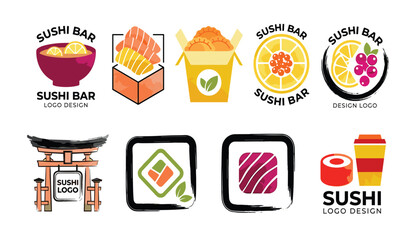 Japanese restaurant sushi bar logo design set vector illustration with rolls torii gate gyoza box and asian food icons © Monzurul