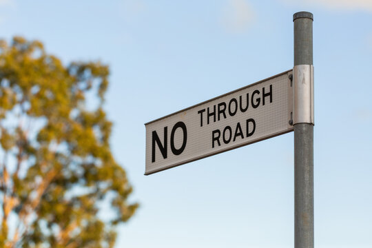 No Through road sign with gum tree in background
