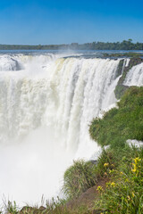 Powerful water cascades down devil's throat, forming mist and spray, surrounded by lush green tropical vegetation © Nuria Gonzalez Sanch