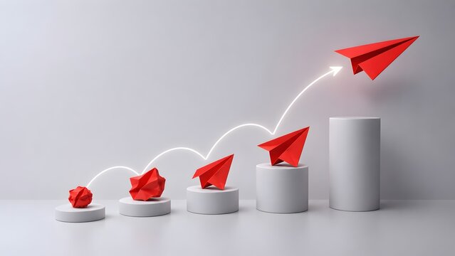 Idea evolution from failure to success red paper plane flying upward on graph representing business growth and creative process progress