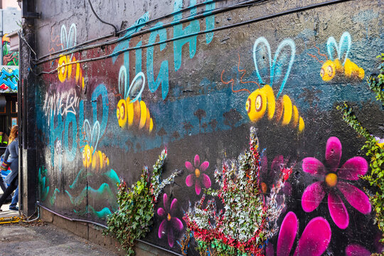 Bright cartoon bees and bold flowers animate a Wellington wall, blending playful street art with creeping green ivy