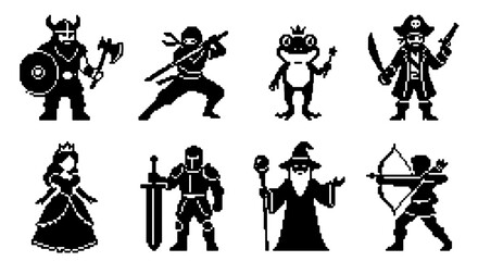 70 Pixel Art Game Characters Vector Set: Viking, Ninja, Frog Prince, Pirate, Princess, Knight, Wizard, Archer Icons for Retro Gaming and Fantasy Projects 100 © Bappy Sarker