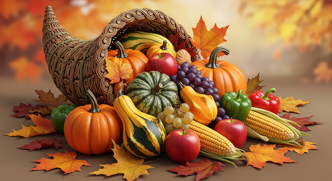 Thanksgiving cornucopia filled with fresh autumn harvest vegetables and fruits, pumpkins, apples, grapes, and corn, rustic holiday centerpiece display