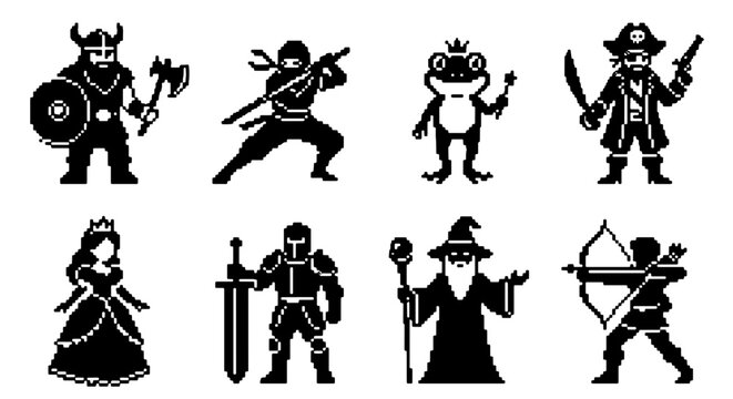 70 Pixel Art Game Characters Vector Set: Viking, Ninja, Frog Prince, Pirate, Princess, Knight, Wizard, Archer Icons for Retro Gaming and Fantasy Projects 100