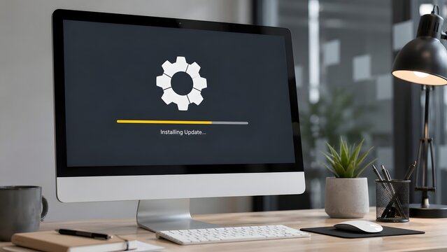 Computer software update installation process displayed on desktop monitor with gear icon representing IT system maintenance