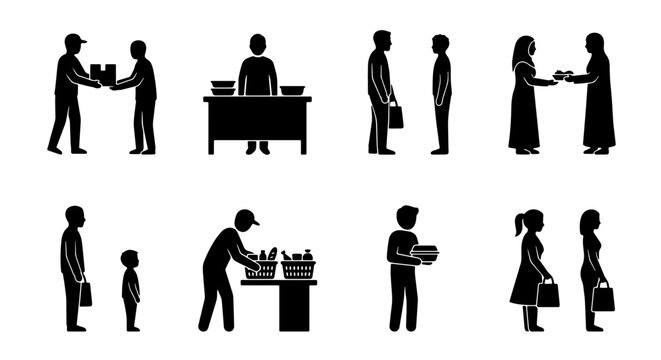 70 Business Transaction Icons, Customer Service Set, Retail and Delivery Silhouettes, People Exchange Vector Graphics 100
