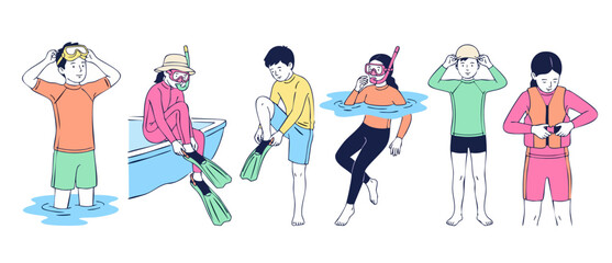 Snorkeling kids vector illustration set showing children putting on goggles, flippers, swimming cap, and life jacket for summer water activities, isolated on a clean white background cartoon style. © Dinali