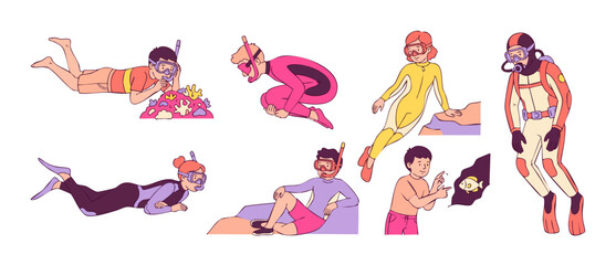 Snorkeling and scuba diving vector set with diverse people swimming underwater wearing snorkel masks, wetsuits, and flippers, isolated on a white background for summer vacation and ocean adventure. © Dinali
