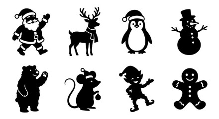 Obraz premium 70 Christmas Icons Vector Set: Festive Characters Silhouette Collection for Holiday Design, Santa Claus, Reindeer, Penguin, Snowman, Bear, Elf, Gingerbread Man 100